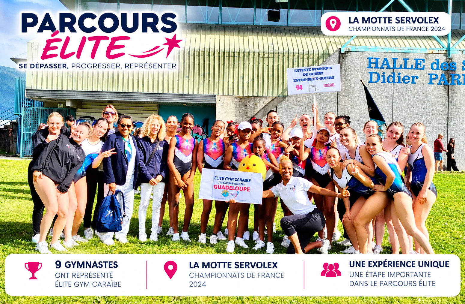 Le groupe d'Élite Gym Caraïbe lors du déplacement aux Championnats de France 2024 à La Motte-Servolex.